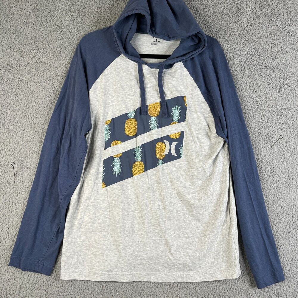 HURLEY Sweatshirt Mens L Hoodie Gray Blue Pullover Pineapple Sweater Lightweight